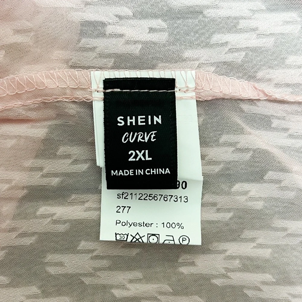 Shein Pink Sheer Chevron Faux Pearl Puff Flounce Sleeve Pussycat Bow Blouse 2XL - Picture 9 of 10